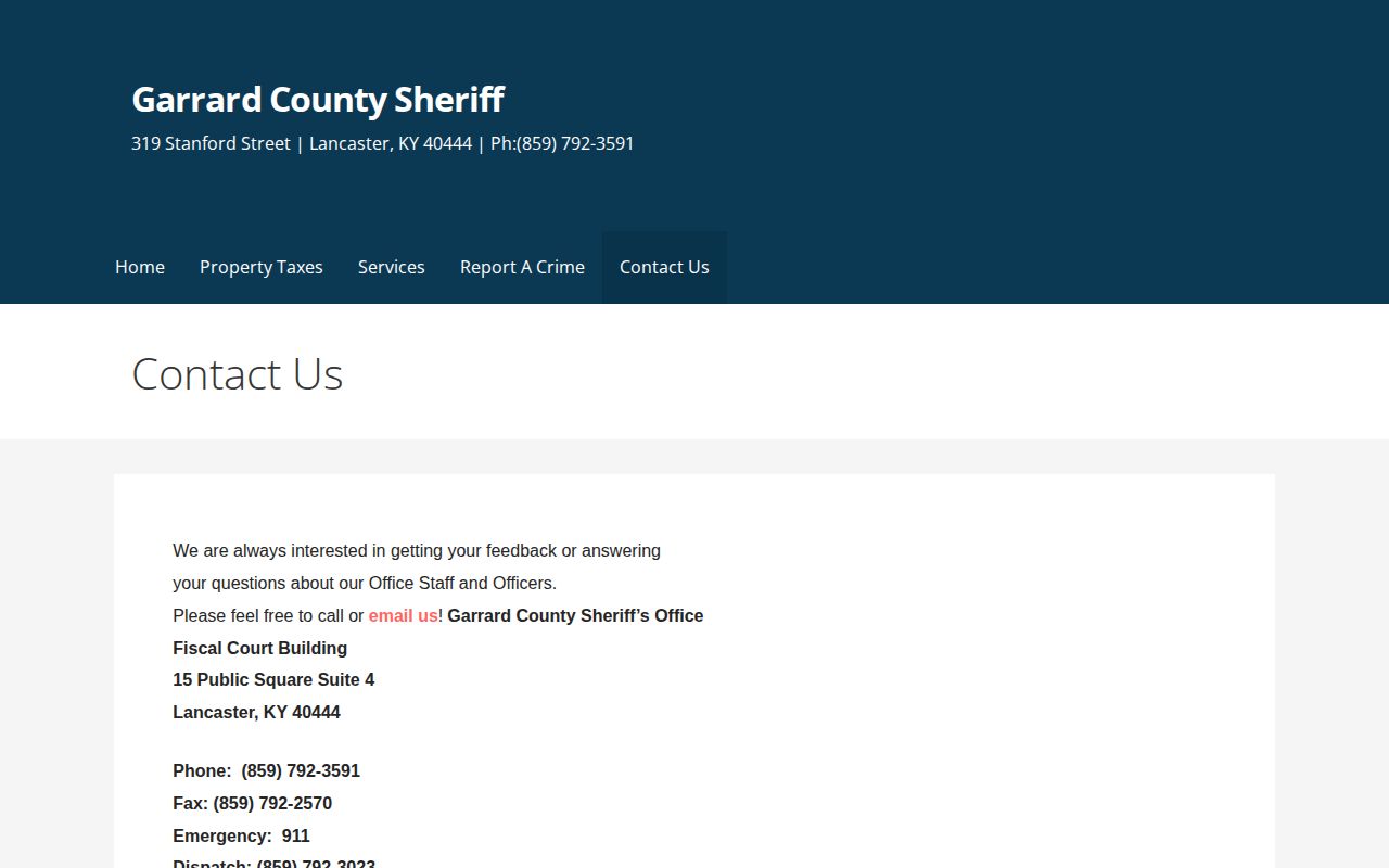Garrard County Sheriff contact page used to verify a recent arrest