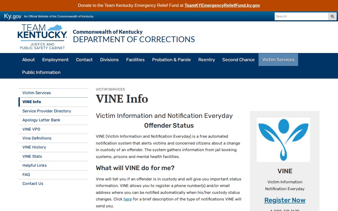 Kentucky Department of Corrections VINE information and registration guidance