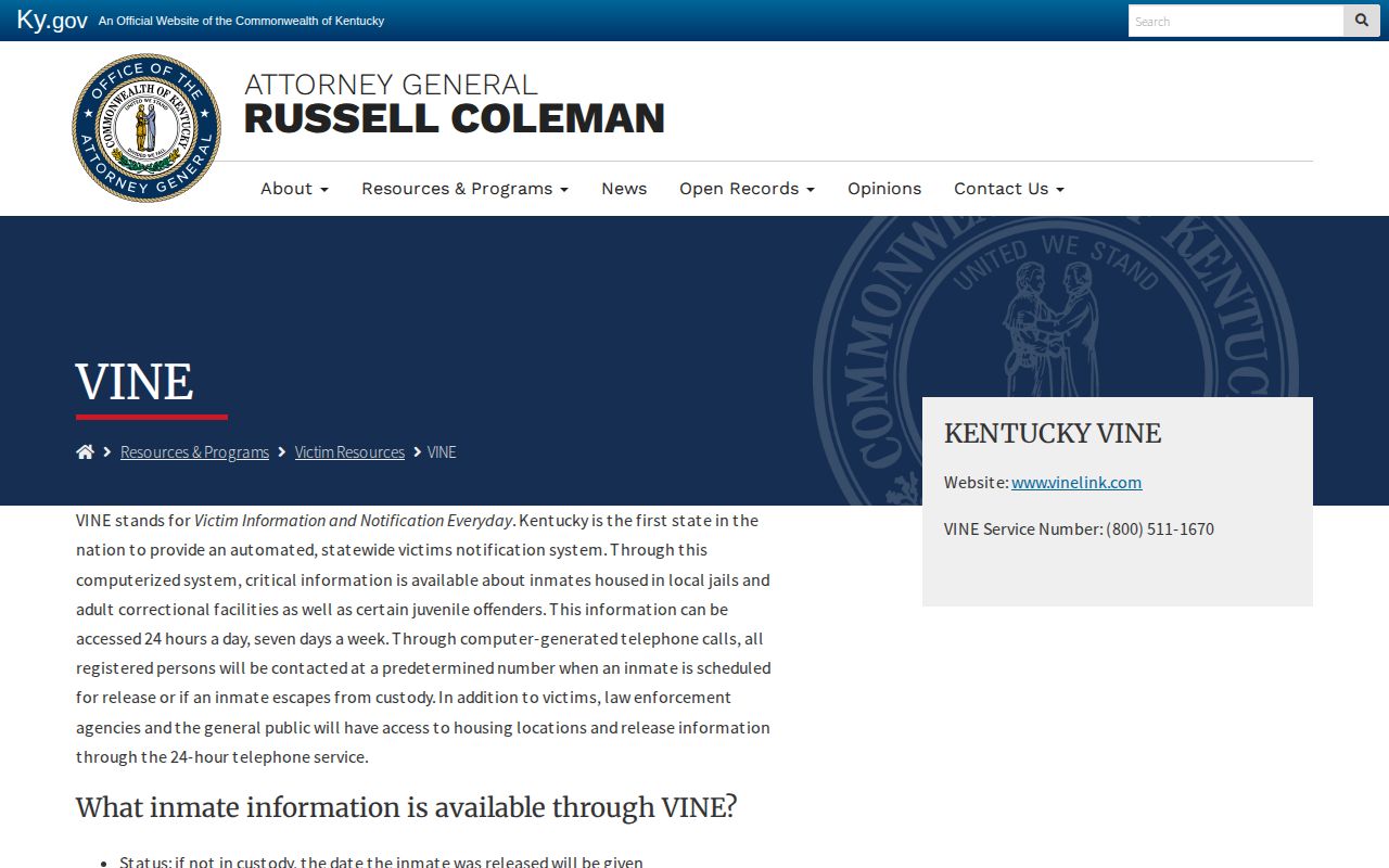 Kentucky Attorney General VINE coverage and safety guidance