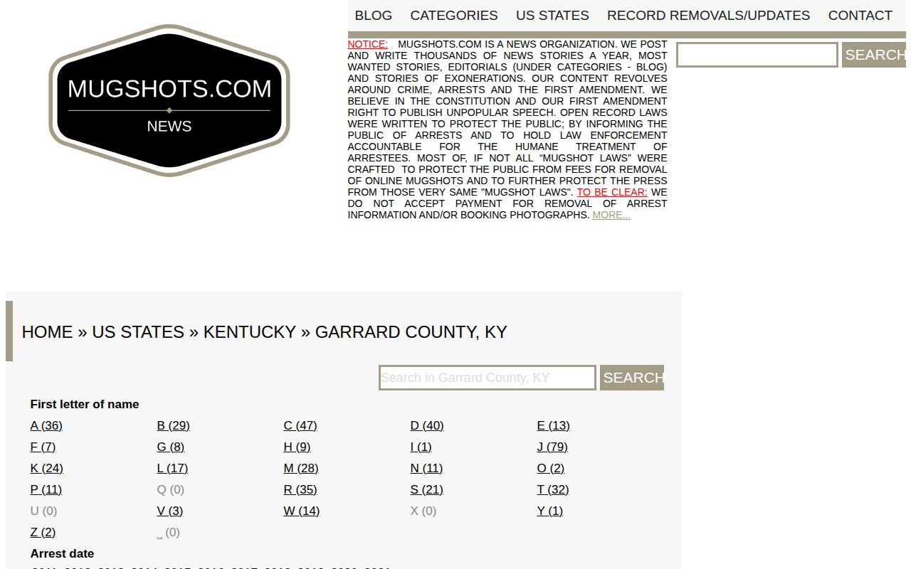 Unofficial Mugshots.com Garrard County historical archive page